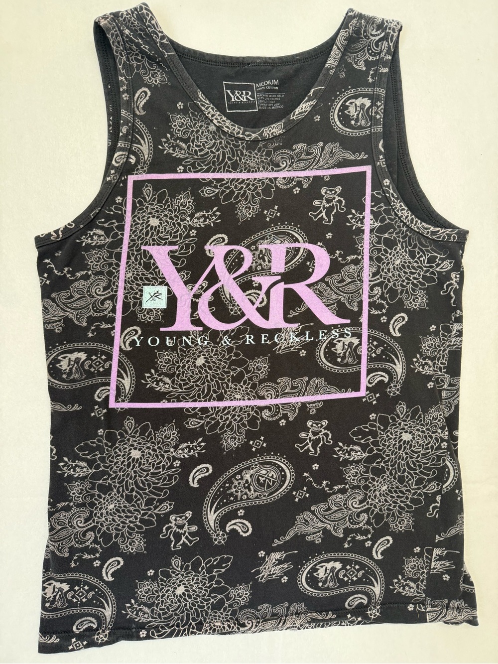 Young & Reckless Black Tank with White Paisley Logo 100% Cotton